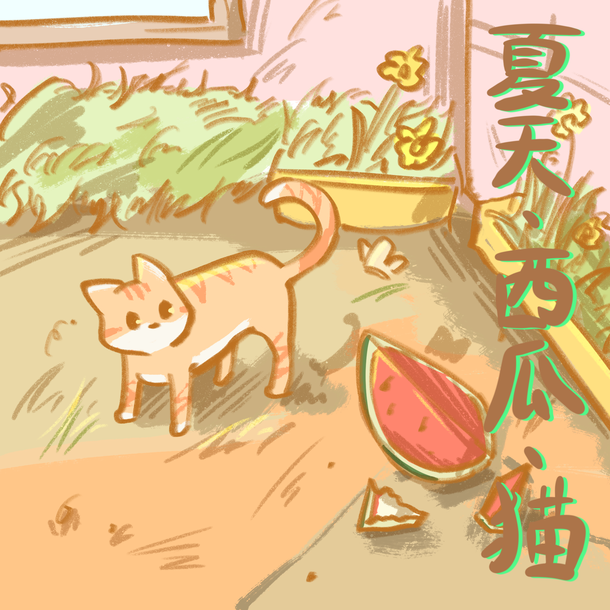 夏天、西瓜、猫
