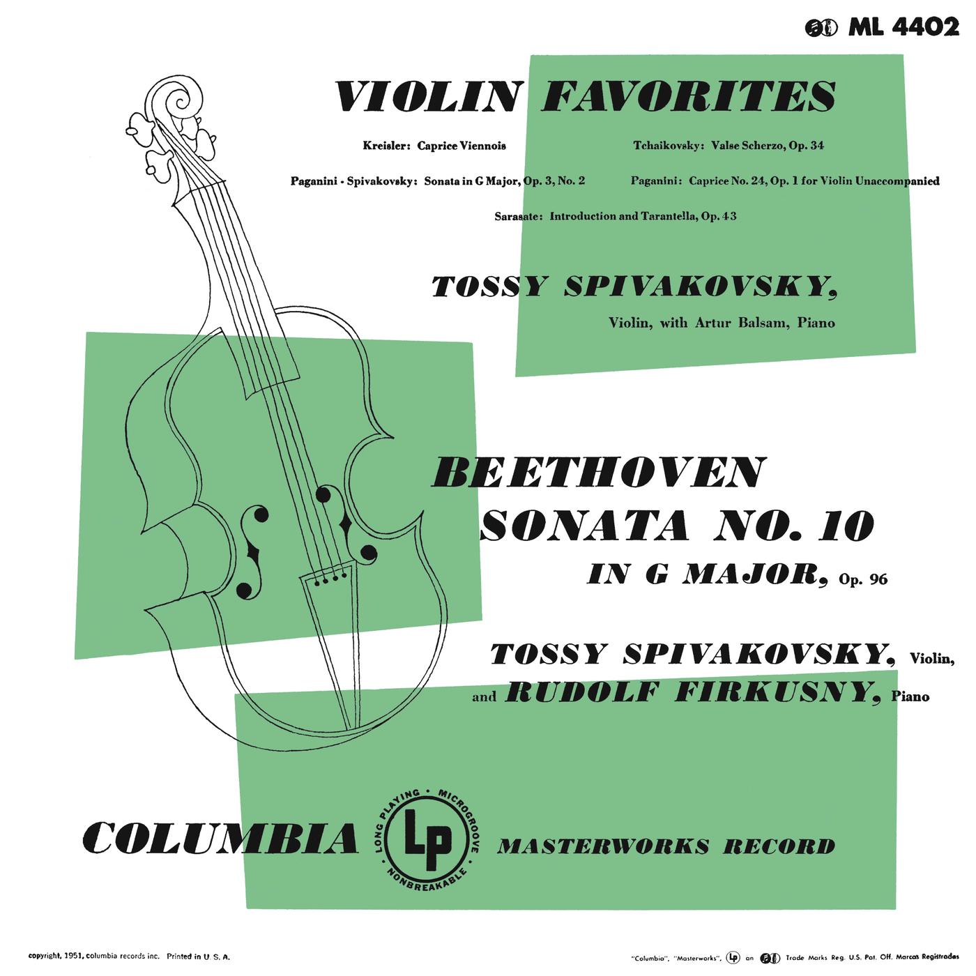 Violin Favorites - Kreisler, Tchaikovsky, Paganini, Sarasate & Beethoven: Violin Sonata No. 10 in G Major, Op. 96 (Remastered)