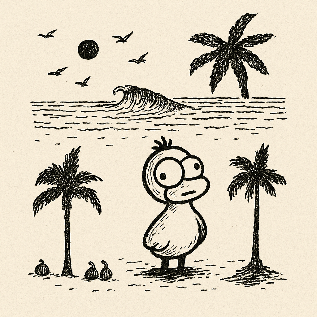 A palm tree drifts across the sky